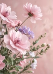 Obraz premium Delicate watercolor flowers on a soft pink background, feminine art, garden design