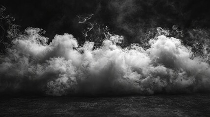 Overlay of a realistic fog smoke cloud with a white dust texture on a black background, seen from a tilted angle