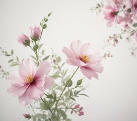 Fototapeta premium Delicate watercolor flowers on a soft white background, background, serene