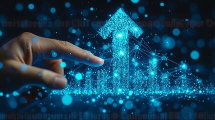 An abstract growth chart featuring a digital hand indicating upward movement via an arrow, alongside a histogram bar. The imagery includes a column chart that encapsulates the idea of success in
