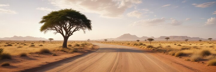 Deserted safari landscape with lone acacia tree and winding savannah road ,  road,  savannah