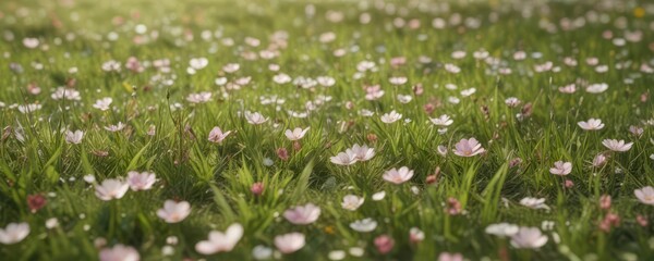 Delicate flower petals scattered on a soft, grassy field, flowers, floral