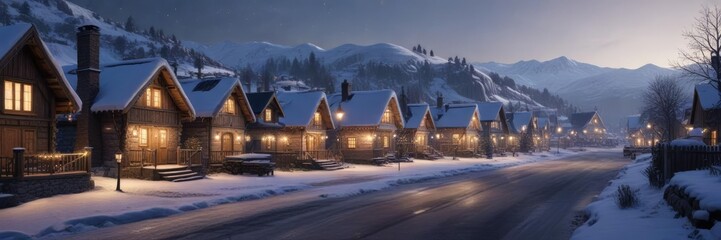 Fototapeta premium A small village with snow-covered houses and twinkling lights in the distance, cozy cabins, festive lights, houses