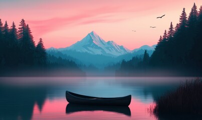 Serene Sunset Canoeing on a Misty Lake with Mountains