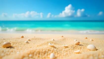 Obraz premium Seashells scattered on a sandy beach with the ocean waves in the background