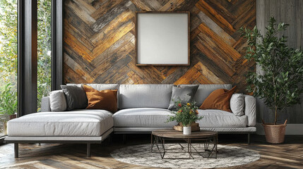Obraz premium Modern Living Room with Herringbone Wall: A stylish and comfortable grey sectional sofa anchors a modern living room, set against a striking herringbone wood wall.