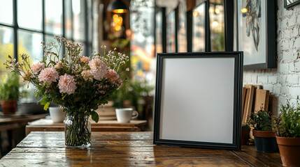 Cafe Mockup: A rustic wooden table in a charming cafe setting features a blank menu frame, a vase of delicate pink roses, and a blurred background hinting at a cozy atmosphere.