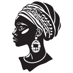 Elegant Black woman in profile wearing a headwrap and large earrings.