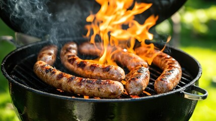 Grilled sausages cooking on a barbecue with flames.