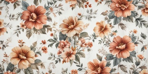 Distressed vintage floral pattern on a white background,  soft colors,  classic design,  old world charm