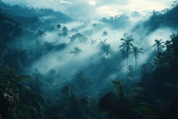 Obraz premium Tropical rainforest with mist rising from the canopy at dawn, the scene mysterious and filled with the sounds of waking wildlife