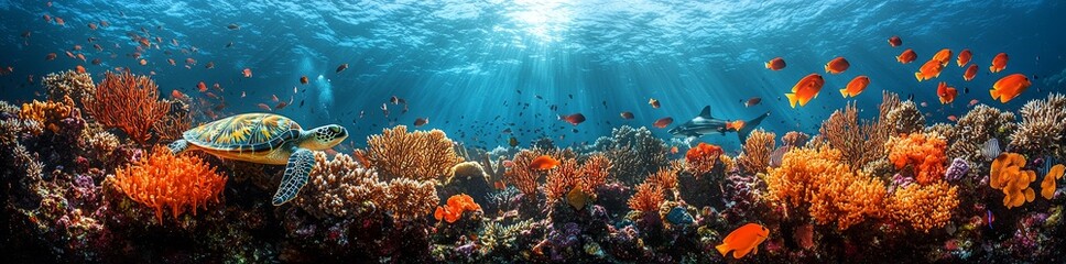 Wide underwater coral reef panorama banner in vibrant colors, populated with many fish, a turtle, and rich marine life