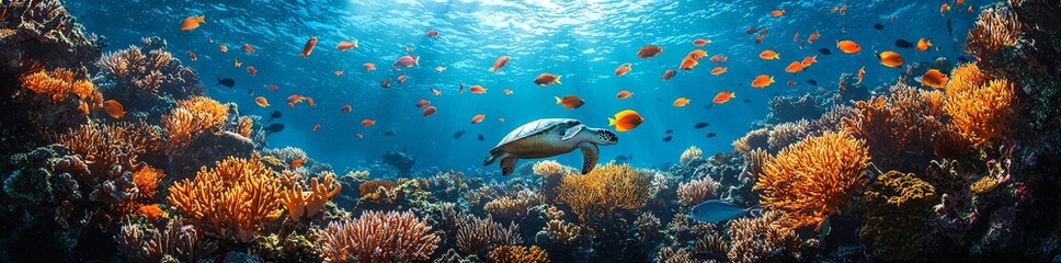 Obraz premium Underwater banner showcasing a wide and colorful coral reef with a variety of fish, a turtle, and abundant marine creatures