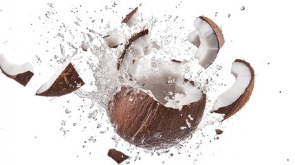 Exploding coconut in water splash.