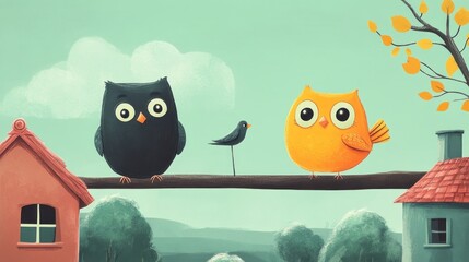 Obraz premium Two owls and a small bird on a branch, overlooking houses and a landscape.