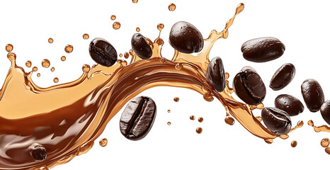 Coffee beans splashing with liquid, isolated on a transparent background. PNG photo, cutout clipart