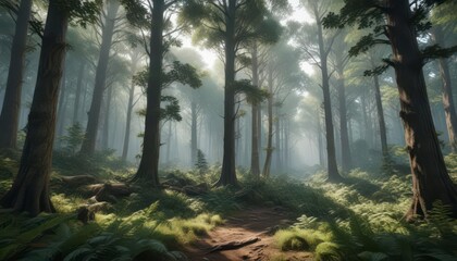 Dense forest with towering trees and underbrush,  nature,  plants