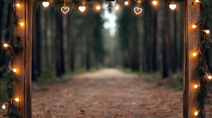 Archway Valentine Concept, Serene Forest Path Framed by Rustic Lights and Hearts Creating a Romantic Atmosphere for Valentines Day