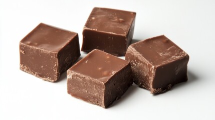 Four pieces of rich chocolate fudge arranged neatly on a white background, ideal for dessert promotions