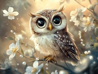 An owl sits on a branch with white flowers and pearls in the soft light. Can be used for kids art