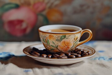 Fototapeta premium Coffee on Saucer with Beans