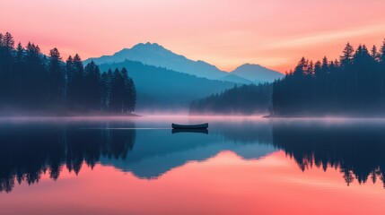 Fototapeta premium Serene Sunrise Misty Lake Mountains and Solitary Canoe