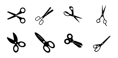Scissors set, black silhouette of scissors, scissors for cutting lines
