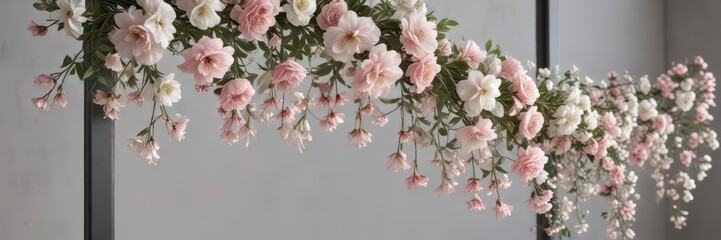 Delicate pink and white floral garland hanging from a metal frame with a subtle floral pattern on the background,  frame,  flower power,  bohemian