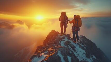 Obraz premium Two climbers support each other on a rugged peak, embodying teamwork and resilience in challenging moments.