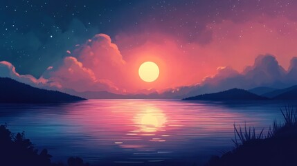 Vibrant sunset over calm lake with silhouetted mountains and starry night sky.