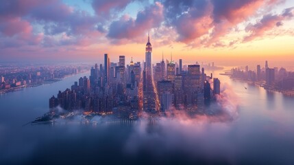 Naklejka premium Manhattan office buildings and skyscrapers illuminated by the morning sunlight in a New York City panorama