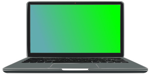 Laptop with vibrant green screen, isolated on transparency background