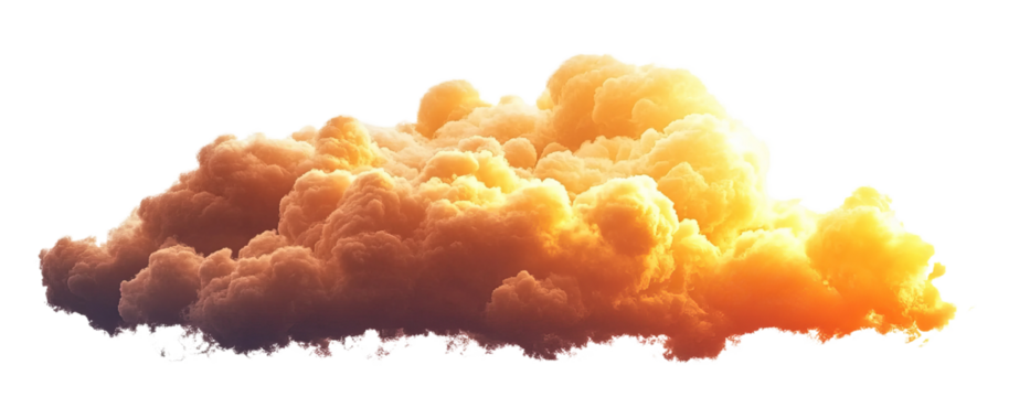 A photorealistic, highly detailed image of an orange and yellow cloud with an isolated white background. The cloud is in the shape of smoke or fog. - Powered by Adobe