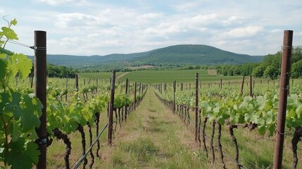Vineyard rows, hills, sunny day, rural landscape, winemaking