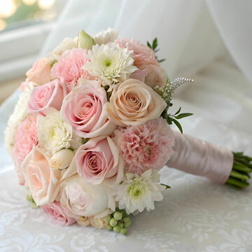 wedding bouquet of pomponella and light pink roses