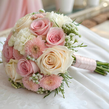 wedding bouquet of pomponella and light pink roses