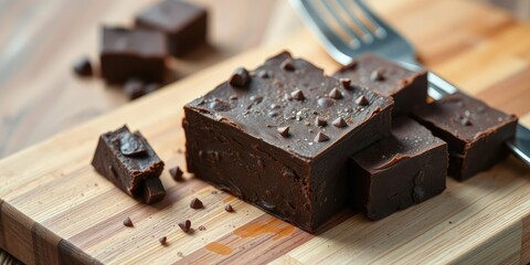 A piece of dark and decadent chocolate fudge sitting on a wooden cutting board with a few utensils nearby, , kitchen props, cooking tools