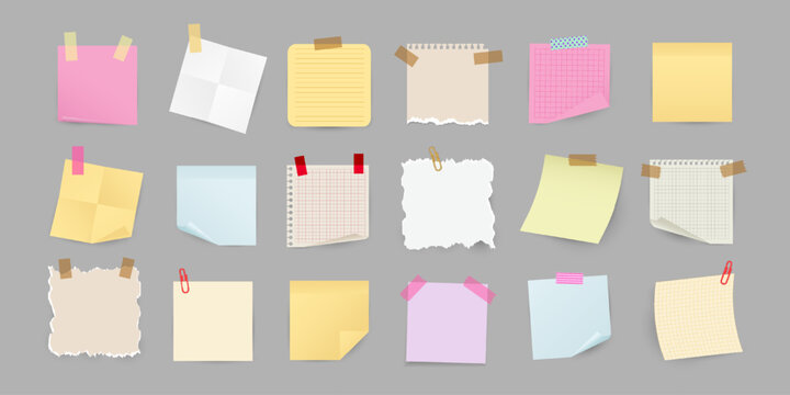 Set of realistic note paper stickers stuck with tape and paper clips. Colorful sheets of paper, sticky note. Vector