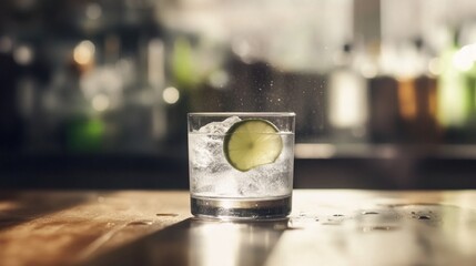 Refreshing cocktail with lime slice on wooden bar, blurred background of a lively bar scene