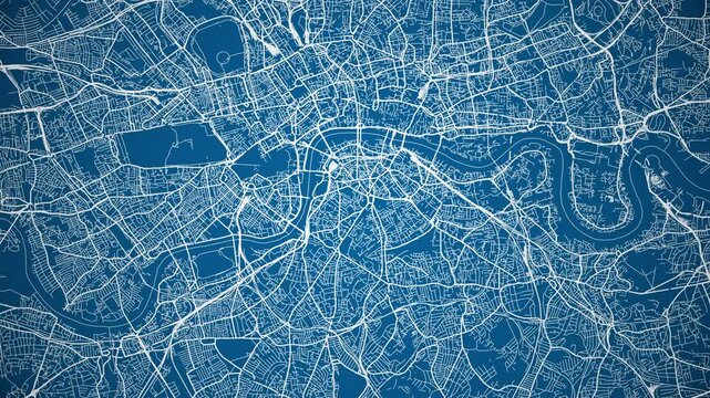 Ink reveal animation of London city, England, United Kingdom, grid map. Aerial top view. Blueprint style. White lines with blue background. 4K Seamless loop.