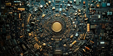 A detailed circular circuit board with intricate glowing patterns, symbolizing connectivity, innovation, and technology. Perfect for electronics, tech branding, and futuristic designs.