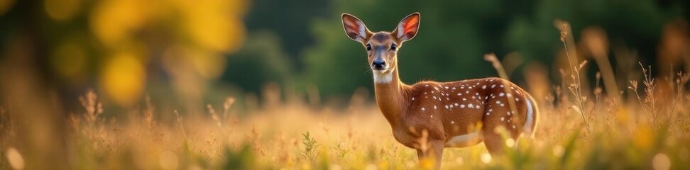 Obraz premium Fawn with white spots and black mane in the sunlight, wild, underbrush, brown