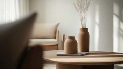 Modern living room with a wooden coffee table in the center. on the table, there are two vases with dried grass stems in them.