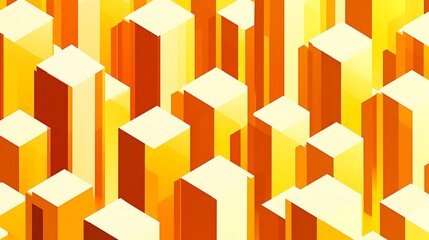 Abstract isometric city, yellow and orange skyscrapers.