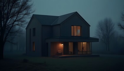 A Modern House Stands Silhouetted Against the Dim, Misty Night with Warm Interior Lights