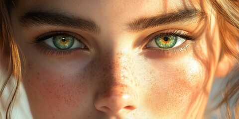 Naklejka premium Close-up of freckled woman's eyes, sunlight, beauty