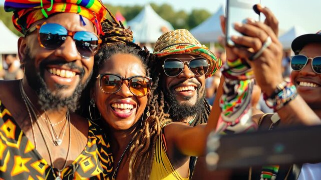 A group of cheerful happy musicians take a selfie at an outdoor reggae festival.