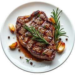 Juicy Grilled Steak with Herb Garnish on a White Plate