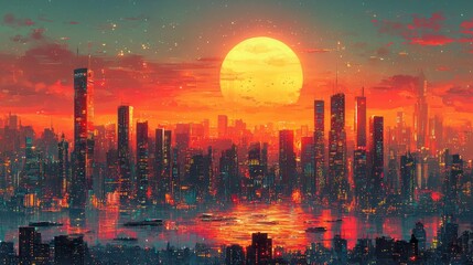 Fototapeta premium A bold and colorful illustration of a futuristic city skyline with towering skyscrapers, neon lights, and flying cars, perfect for a science fiction or cyberpunk novel