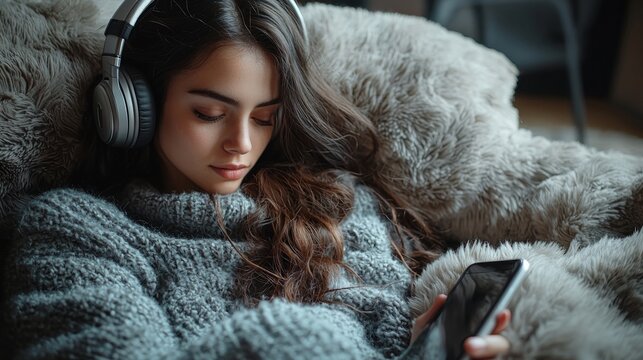 A close-up of a music player or smartphone screen showing a calming playlist for sleep, with headphones beside a soft, fluffy pillow, in muted tones of gray, black, and white